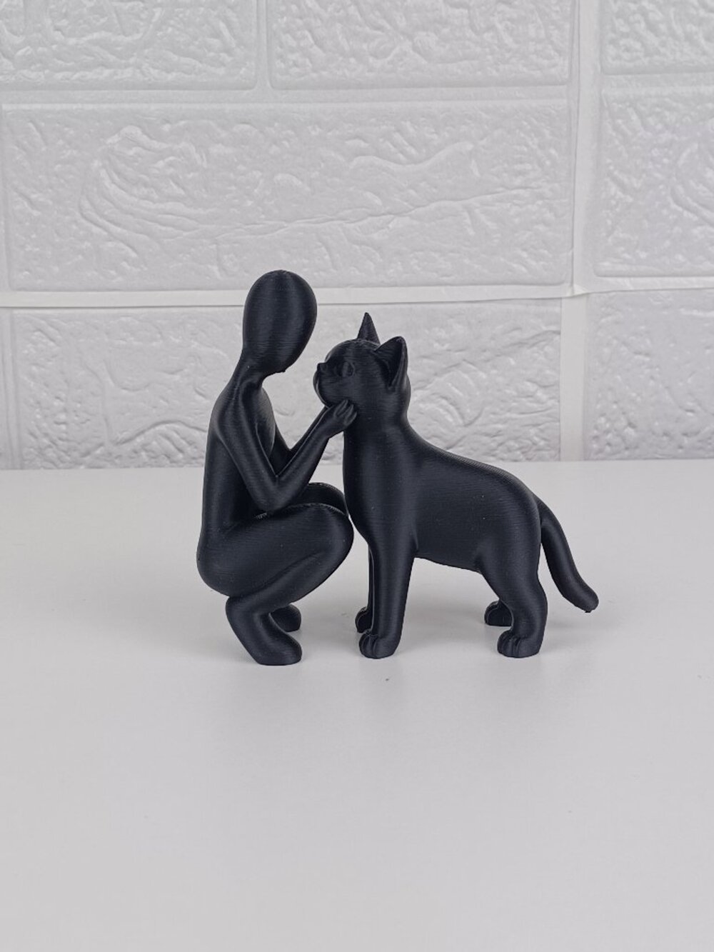 Woman Kneeling with Cat Statue, Silhouette Desk Art, Pet Lover Cat Mom Gift